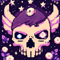 Pixel art profile picture featuring a detailed skull against a dark, starry background.