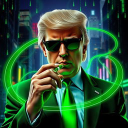 A striking digital artwork featuring Donald Trump styled in a vivid green suit inspired by the Matrix aesthetic, elegantly smoking a green cigar