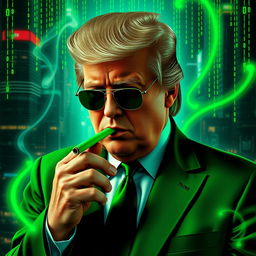 A striking digital artwork featuring Donald Trump styled in a vivid green suit inspired by the Matrix aesthetic, elegantly smoking a green cigar