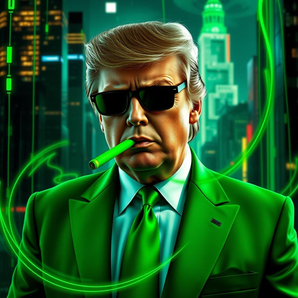 A striking digital artwork featuring Donald Trump styled in a vivid green suit inspired by the Matrix aesthetic, elegantly smoking a green cigar