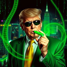 A striking digital artwork featuring Donald Trump styled in a vivid green suit inspired by the Matrix aesthetic, elegantly smoking a green cigar