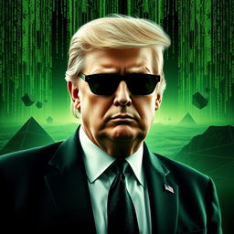 A captivating digital artwork featuring Donald Trump against a striking green Matrix-themed background