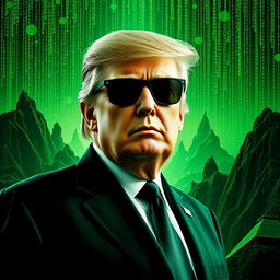 A captivating digital artwork featuring Donald Trump against a striking green Matrix-themed background