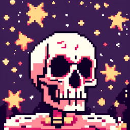 Pixel art profile picture featuring a detailed skull against a dark, starry background.