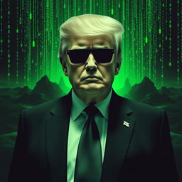 A captivating digital artwork featuring Donald Trump against a striking green Matrix-themed background