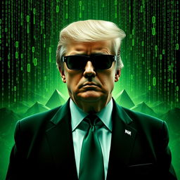 A captivating digital artwork featuring Donald Trump against a striking green Matrix-themed background