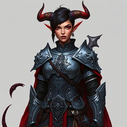 A female tiefling paladin commands attention in ornate yet practical gray metal armor, meticulously designed to balance elegance and mobility