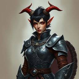 A female tiefling paladin commands attention in ornate yet practical gray metal armor, meticulously designed to balance elegance and mobility