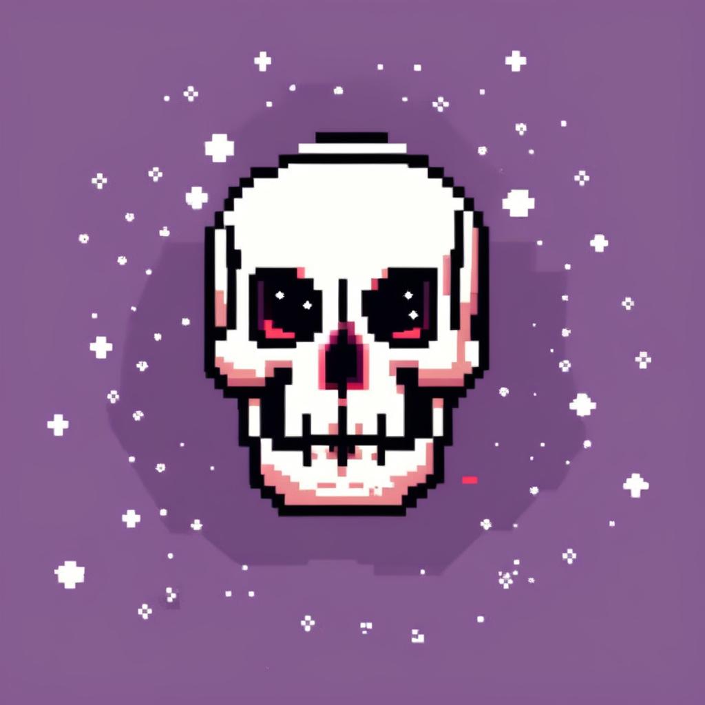 Pixel art profile picture featuring a detailed skull against a dark, starry background.