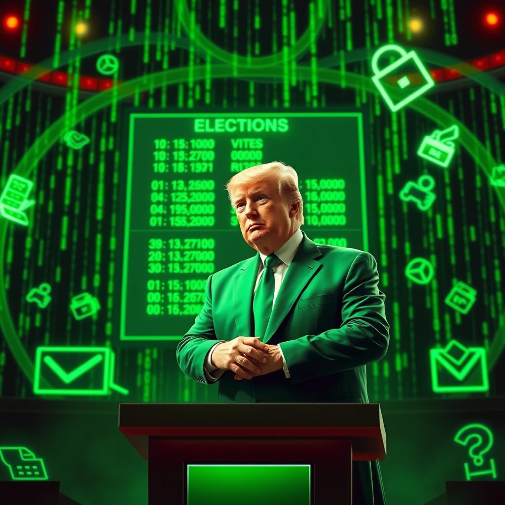 An engaging digital artwork depicting Donald Trump in a vibrant green suit inspired by the Matrix aesthetic, positioned in front of a futuristic backdrop representing elections