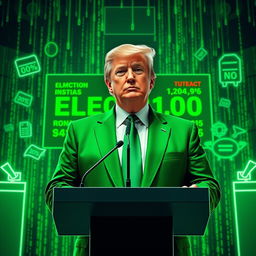 An engaging digital artwork depicting Donald Trump in a vibrant green suit inspired by the Matrix aesthetic, positioned in front of a futuristic backdrop representing elections