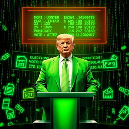 An engaging digital artwork depicting Donald Trump in a vibrant green suit inspired by the Matrix aesthetic, positioned in front of a futuristic backdrop representing elections