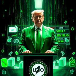 An engaging digital artwork depicting Donald Trump in a vibrant green suit inspired by the Matrix aesthetic, positioned in front of a futuristic backdrop representing elections