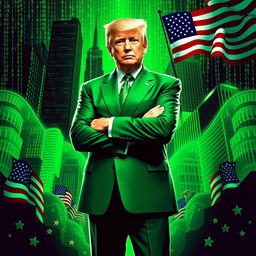 A dynamic digital artwork featuring Donald Trump in a bold green suit, set against a backdrop that combines elements of the Matrix aesthetic with iconic symbols of the USA