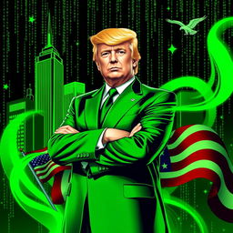 A dynamic digital artwork featuring Donald Trump in a bold green suit, set against a backdrop that combines elements of the Matrix aesthetic with iconic symbols of the USA