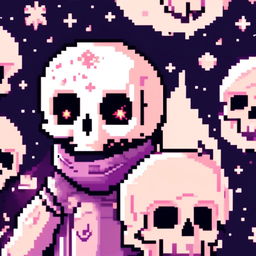 Pixel art profile picture featuring a detailed skull against a dark, starry background.