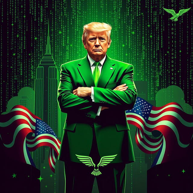 A dynamic digital artwork featuring Donald Trump in a bold green suit, set against a backdrop that combines elements of the Matrix aesthetic with iconic symbols of the USA