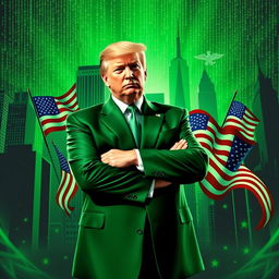 A dynamic digital artwork featuring Donald Trump in a bold green suit, set against a backdrop that combines elements of the Matrix aesthetic with iconic symbols of the USA