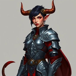 A female tiefling paladin stands heroically, clad in ornate yet practical armor that gleams in a gray metal tone, balancing elegance and functionality
