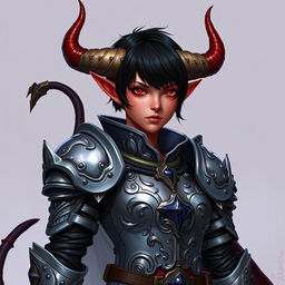 A female tiefling paladin stands heroically, clad in ornate yet practical armor that gleams in a gray metal tone, balancing elegance and functionality