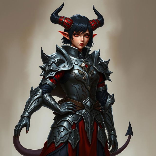 A female tiefling paladin stands heroically, clad in ornate yet practical armor that gleams in a gray metal tone, balancing elegance and functionality