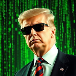 An eye-catching digital artwork of Donald Trump set against a vivid green Matrix-themed background, prominently featuring the USA flag