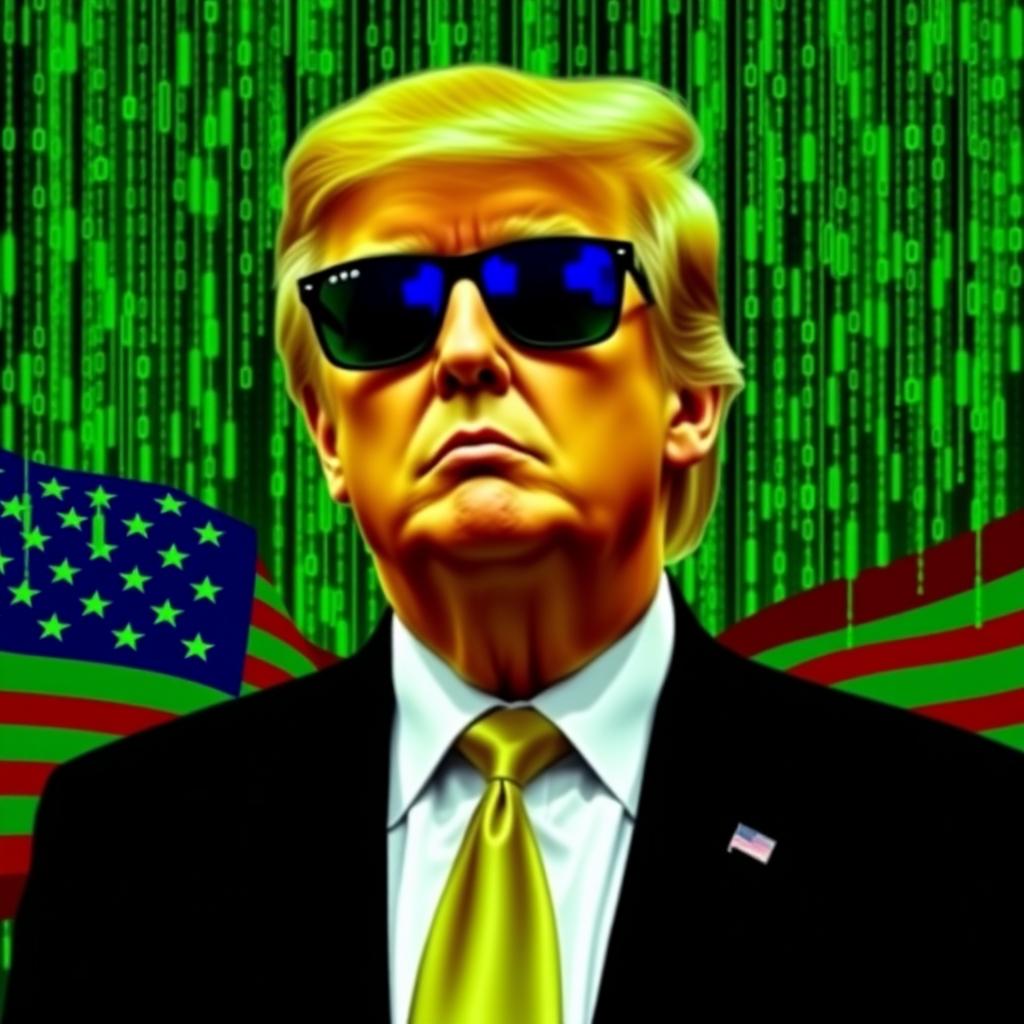 An eye-catching digital artwork of Donald Trump set against a vivid green Matrix-themed background, prominently featuring the USA flag