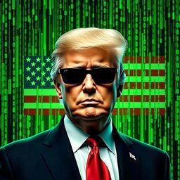An eye-catching digital artwork of Donald Trump set against a vivid green Matrix-themed background, prominently featuring the USA flag