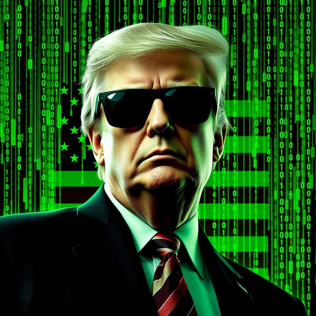 An eye-catching digital artwork of Donald Trump set against a vivid green Matrix-themed background, prominently featuring the USA flag