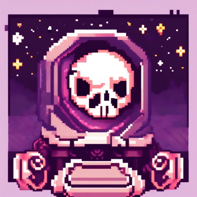 Pixel art profile picture featuring a detailed skull against a dark, starry background.