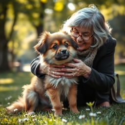 A heartwarming scene of a cute, fluffy, abandoned dog with large, expressive eyes, looking hopeful and innocent