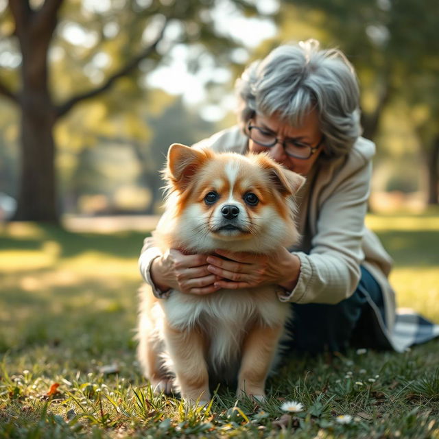 A heartwarming scene of a cute, fluffy, abandoned dog with large, expressive eyes, looking hopeful and innocent