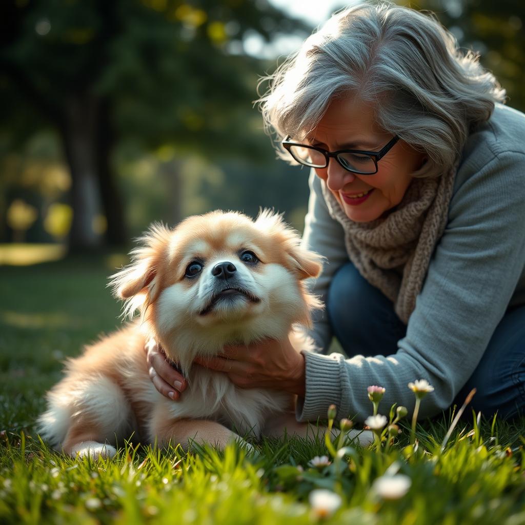 A heartwarming scene of a cute, fluffy, abandoned dog with large, expressive eyes, looking hopeful and innocent