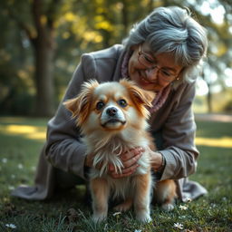 A heartwarming scene of a cute, fluffy, abandoned dog with large, expressive eyes, looking hopeful and innocent