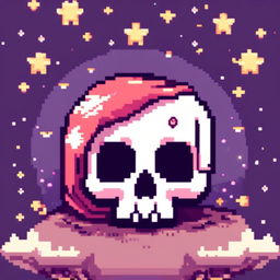 Pixel art profile picture featuring a detailed skull against a dark, starry background.