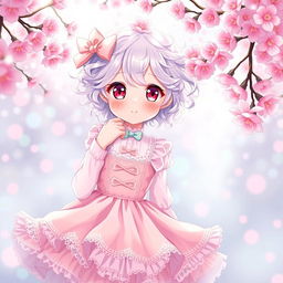 A curly-haired albino girl with short hair, wearing a cute Lolita-style dress