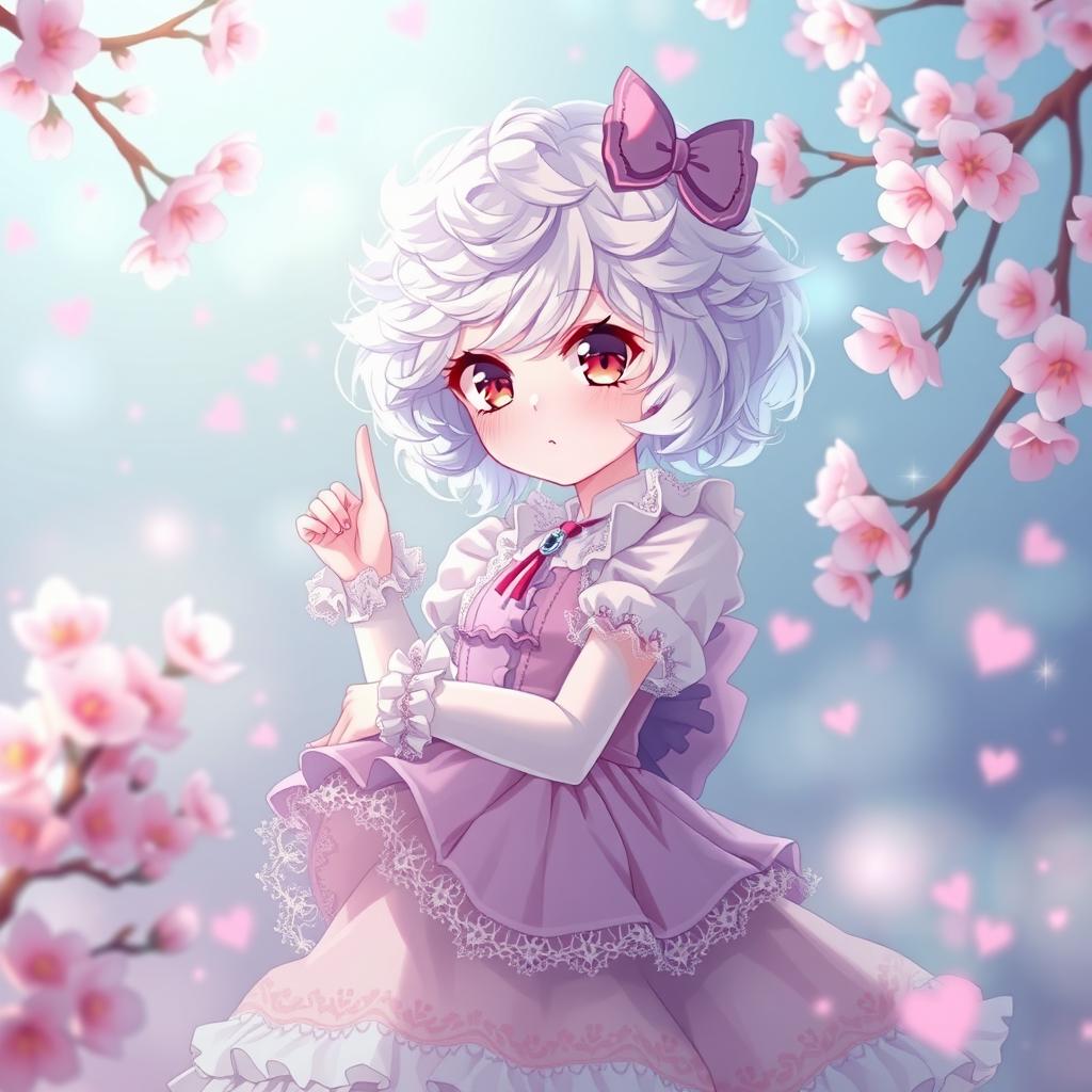 A curly-haired albino girl with short hair, wearing a cute Lolita-style dress