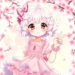 A curly-haired albino girl with short hair, wearing a cute Lolita-style dress