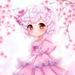 A curly-haired albino girl with short hair, wearing a cute Lolita-style dress
