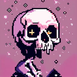 Pixel art profile picture featuring a detailed skull against a dark, starry background.