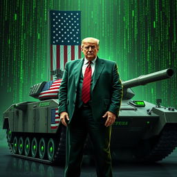 A compelling digital artwork featuring Donald Trump in a sleek green suit inspired by the Matrix aesthetic, standing confidently beside a military tank adorned with the USA flag