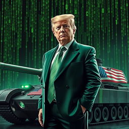 A compelling digital artwork featuring Donald Trump in a sleek green suit inspired by the Matrix aesthetic, standing confidently beside a military tank adorned with the USA flag
