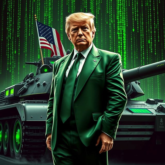 A compelling digital artwork featuring Donald Trump in a sleek green suit inspired by the Matrix aesthetic, standing confidently beside a military tank adorned with the USA flag