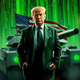 A compelling digital artwork featuring Donald Trump in a sleek green suit inspired by the Matrix aesthetic, standing confidently beside a military tank adorned with the USA flag