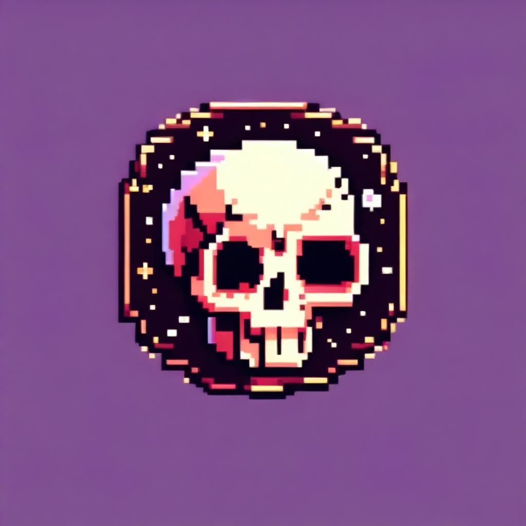 Pixel art profile picture featuring a detailed skull against a dark, starry background.