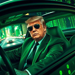 A striking digital artwork featuring Donald Trump seated in an ultra-modern car, inspired by the Matrix aesthetic, with a sleek green interior and futuristic dashboard