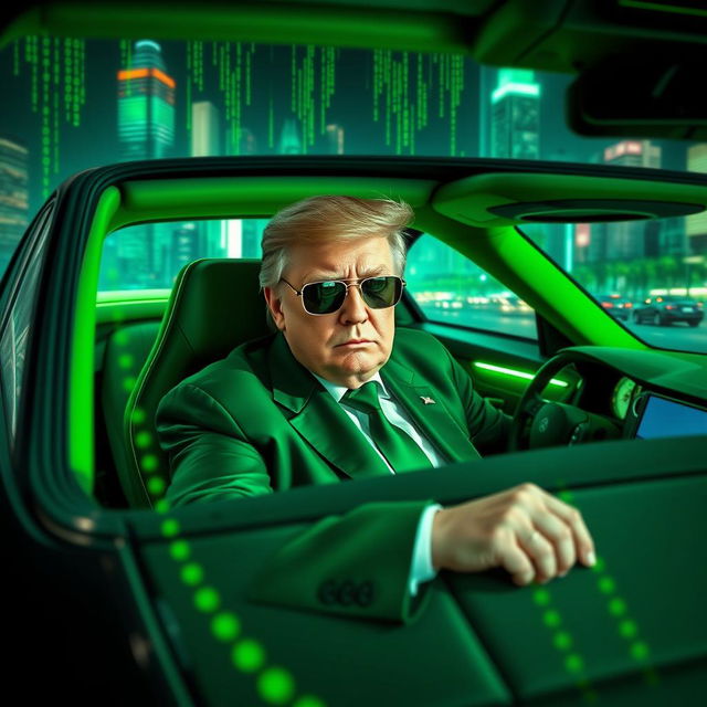 A striking digital artwork featuring Donald Trump seated in an ultra-modern car, inspired by the Matrix aesthetic, with a sleek green interior and futuristic dashboard