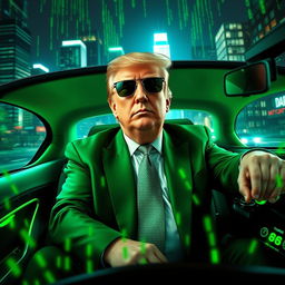 A striking digital artwork featuring Donald Trump seated in an ultra-modern car, inspired by the Matrix aesthetic, with a sleek green interior and futuristic dashboard