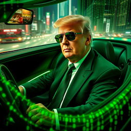 A striking digital artwork featuring Donald Trump seated in an ultra-modern car, inspired by the Matrix aesthetic, with a sleek green interior and futuristic dashboard