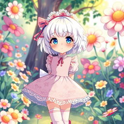 Curly albino girl with short hair, wearing a Lolita-style dress